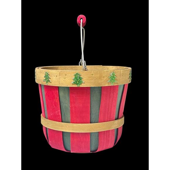 Festive Red & Green Slatted Christmas Bucket with Glitter Tree Accents 6.5" Tall - Picture 4 of 7
